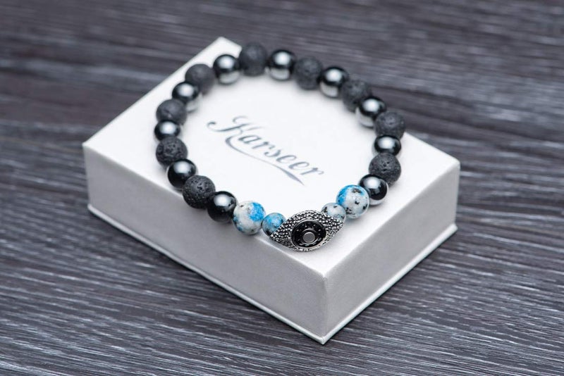 Karseer Vintage Silver and Black Plated Evil Eye Magnetic Energy Balance Anti Anxiety Bracelet Natural Hematite K2 Blue Azurite and Lava Rock Healing Stone Beads Essential Oil Diffuser Bracelet Unisex - Image 5